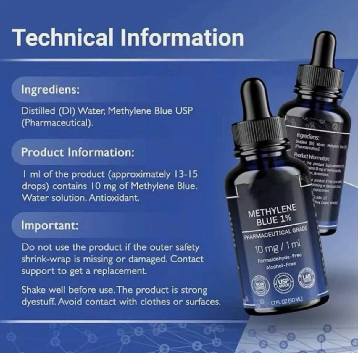 Methylene Blue 1% Solution Pharma Grade. Highest Quality 60ml bottle